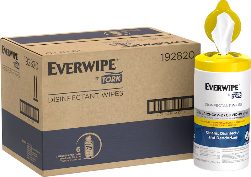EVERWIPE Disinfectant Cleaning Wipes 7″ x 7″ Wipes, 75/Can – Case of 6 Canisters