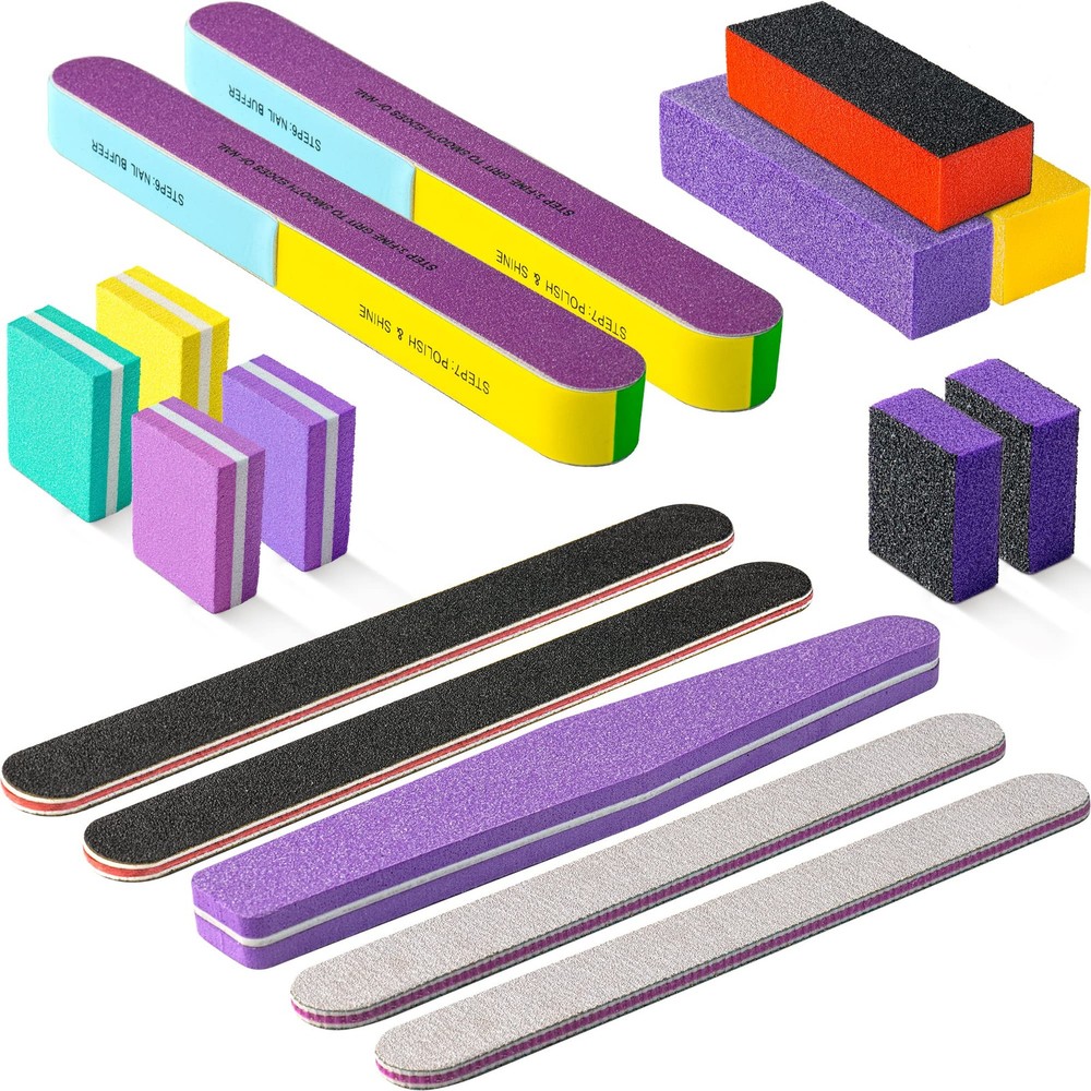 16 Pcs Nail Files and Buffers Blue, Pink, Yellow, Red, Black, Silver, Orange