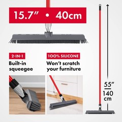 2-in-1 Silicone Rubber Broom Carpet Rake and 1 Piece Long Handle, Gray