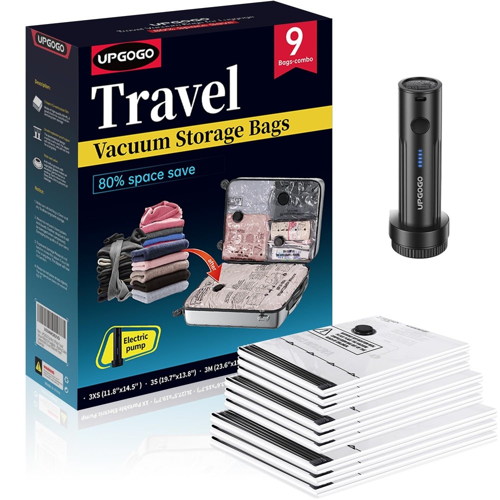 UPGOGO Travel Vacuum Bags for Luggage with Portable 9 Combo, Electric Pump