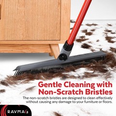 2-in-1 Silicone Rubber Broom Carpet Rake and 1 Piece Long Handle, Gray