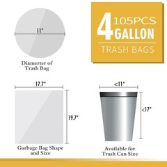 105 Count Small Trash Bags, 4 Gallon Garbage Can Liners – Unscented Wastebask…