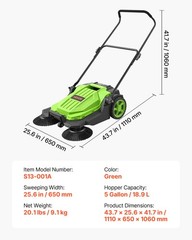 VEVOR Walk-Behind Floor Sweeper Manual Hand Push Sweeper 25.6″ Sweeping Width