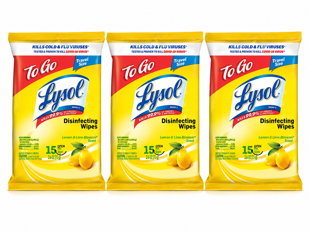 Lysol To Go Disinfecting Wipes Lemon Lime Scent, 15 Ct. Pack of 3