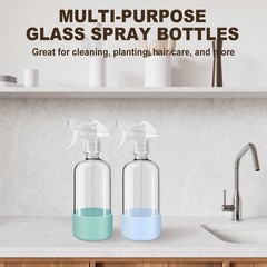 Glass Spray Bottles with Silicone Sleeves (2 Pack, 16 oz), Mist Green & Grey