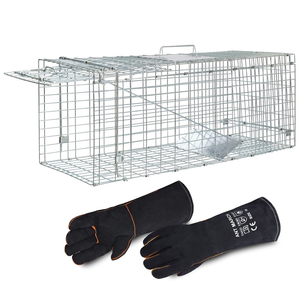 ANT MARCH Live Animal Cage Trap with Gloves 37″x13.5″x14.5″ Large Silver