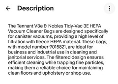 For Tennant V3e & Nobles Tidy-Vac 3E HEPA Vacuum Cleaner Bags #9015821 Canister