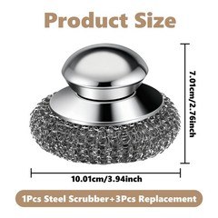 Steel Wool Scrubber, 4-Pack Stainless 1 Handle+3 Pads, Silver-gray