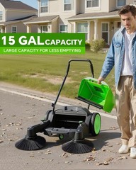 Walk-Behind Hand Push Floor Sweeper 41″ Width 15 Gallon Waste Container Green