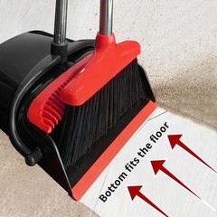 Broom with Dustpan Combo Set 54″ Long Handle Adjustable Length Black and Red