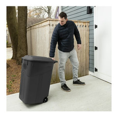 Tough 45 Gallon Wheeled Heavy Duty Plastic Garbage Can, Attached Lid, Black
