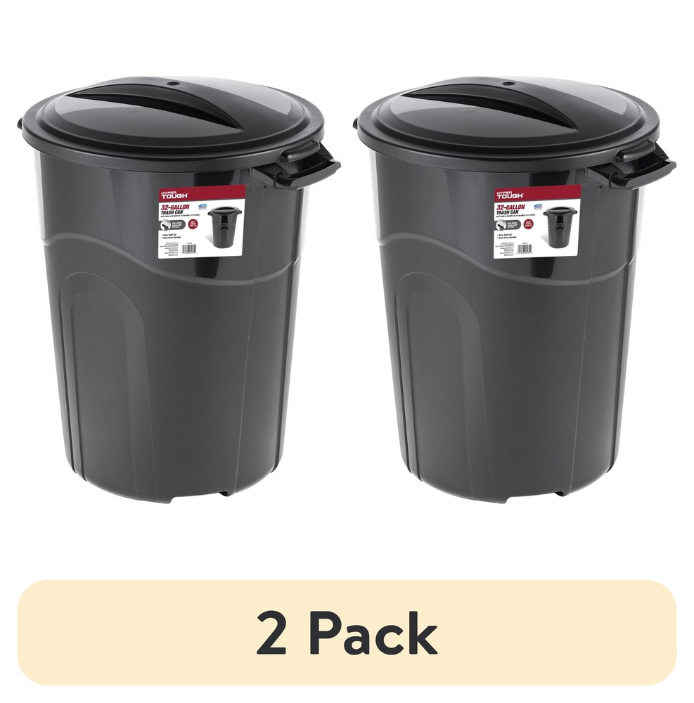 32 Gallon Plastic Trash Can with Lid, Indoor/Outdoor Use, Black (Pack of 2)