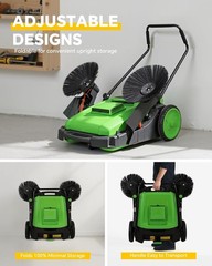 Walk-Behind Hand Push Floor Sweeper 41″ Width 15 Gallon Waste Container Green