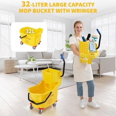 Yellow Commercial Mop Bucket 35 Quart Large with Side Press Wringer and Wheels