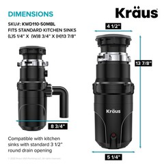 KRAUS WasteGuard 1/2 HP Continuous Feed Ultra-Quiet Motor Garbage Disposal wi…