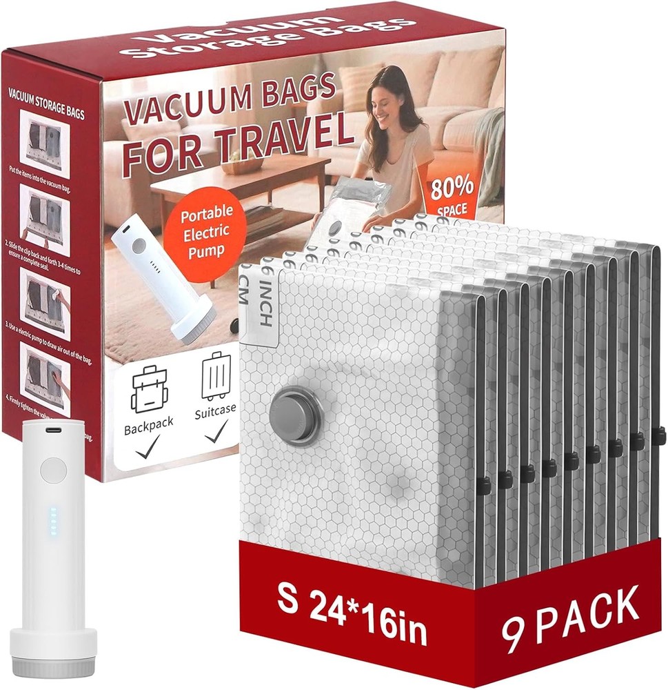 Rechargeable Wireless Pump Travel Storage Bags Set, 9 Pack (9S) Portable Space