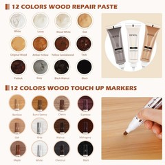 DEWEL Wood Furniture Repair Kit Repair, 12 Fillers+12 Markers+putty+wax