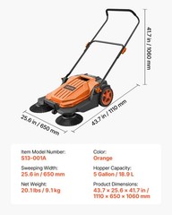 VEVOR Walk-Behind Floor Sweeper Manual Hand Push Sweeper 25.6″ Sweeping Width
