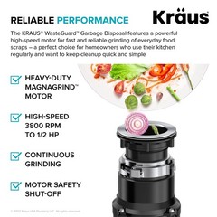 KRAUS WasteGuard 1/2 HP Continuous Feed Ultra-Quiet Motor Garbage Disposal wi…