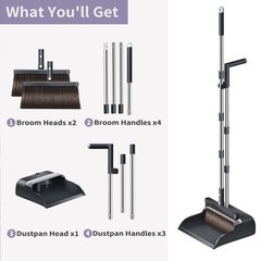 Broom and Dustpan Set, 51.6″ Long Handle with Combo Set Gray