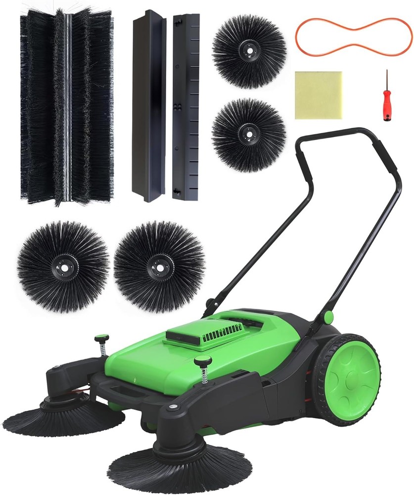Walk-Behind Hand Push Floor Sweeper 41″ Width 15 Gallon Waste Container Green