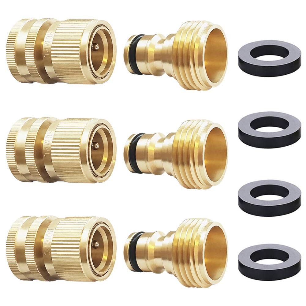 HQMPC Garden Hose Quick Connect Solid Brass Connector 3 Sets, Tan
