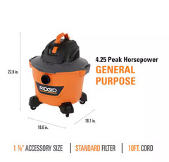 RIDGID 9 Gal. 4.25 Peak HP NXT Wet/Dry Vac w/ Debris Filter, Locking Hose & Acc.