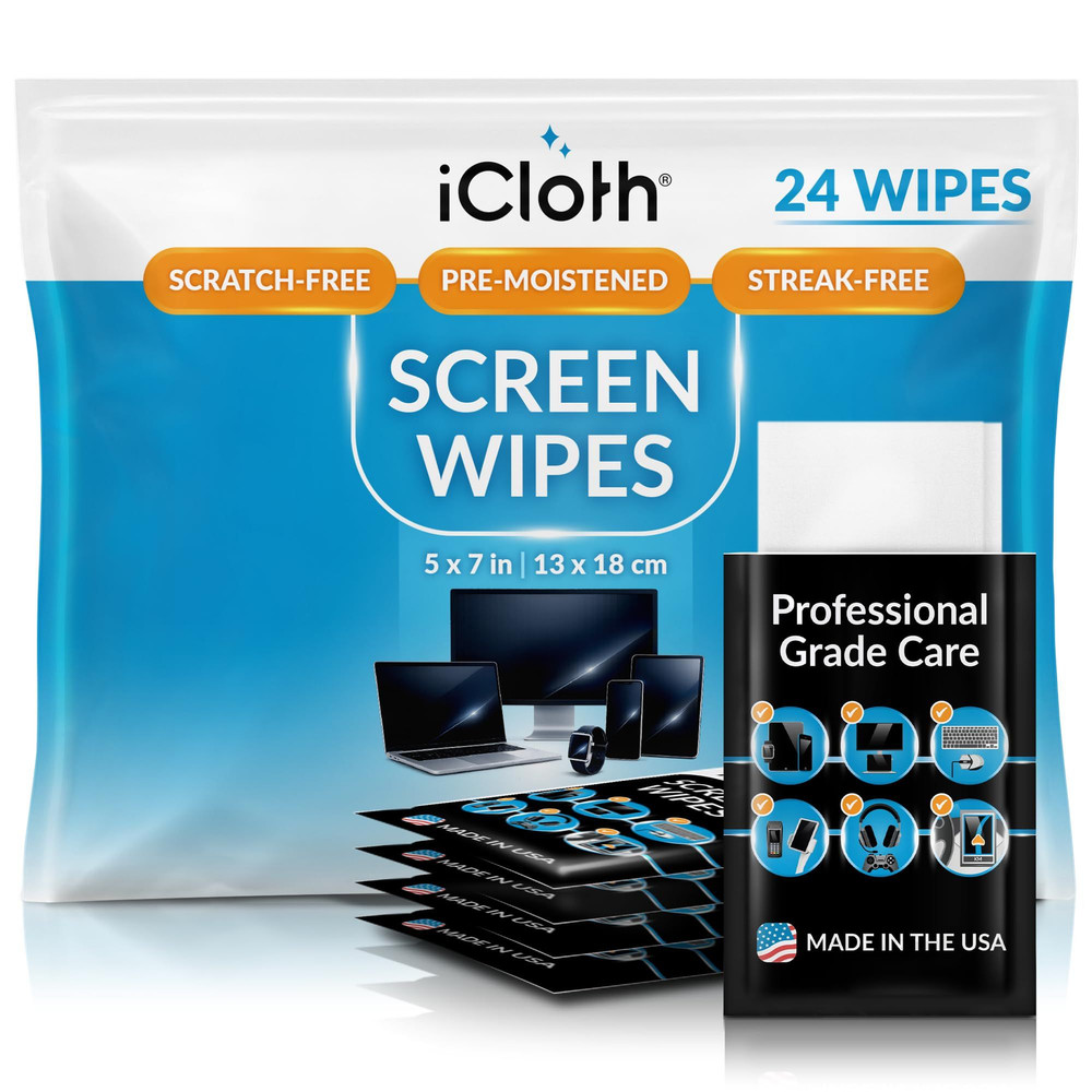iCloth Screen Cleaner Wipes 24 Count (Pack of 1), Black package, white wipe