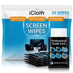 iCloth Screen Cleaner Wipes 24 Count (Pack of 1), Black package, white wipe