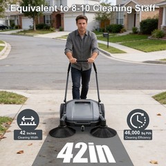 POHIR 42″ Walk-Behind Hand Push Floor Sweeper 15 Gallon Waste Container Gray