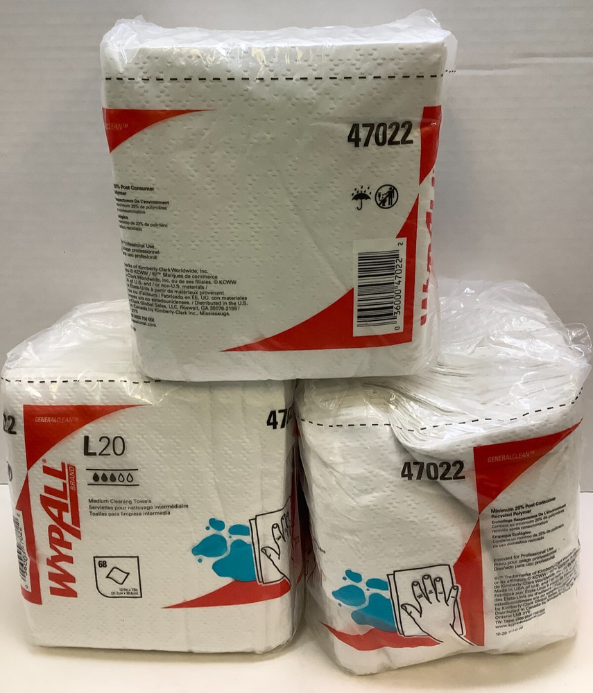 WypAll 47022 L20 Medium Cleaning Towels, 12.5″ x 12″, White, 3pks/68, 204 Total