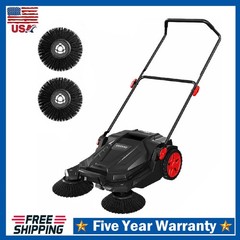 Walk-Behind Hand Push Floor Sweeper 25.6″ Wide Manual Sweeper 5-Gallon Waste Bin