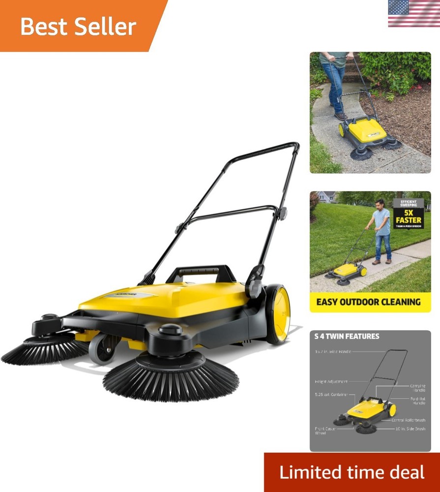 S 4 Twin Push Sweeper: Clean Outdoor Spaces 5X Faster – 5.25 Gallon Capacity