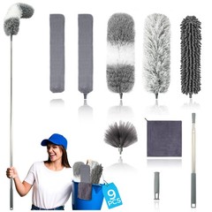 9Pcs Dusters for Cleaning Kit, Extendable Microfiber 9 PCS Duster Kits, White
