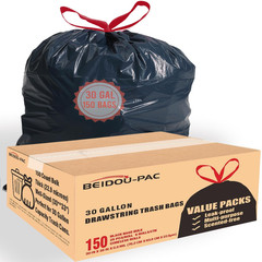 Beidou-Pac 30 Gallon Trash Bags Drawstring 150 Count Bulk Black Unscented Heavy