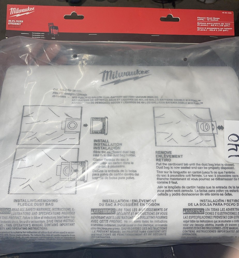 Milwaukee Tool 49-90-1999 Fleece Dust Bags, 5 Pk 12 Gallon Bags For Vacuum 0930
