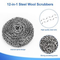 ovwo 12Pack Upgraded Steel Wool Scrubbers – 12 Count (Pack of 1), Silver