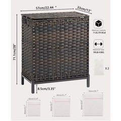 Rattan Laundry Hamper w/ Lid 2 Compartments Liners 112L Brown