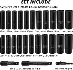 25PCS 1/2″ Drive Impact Socket Set, Deep, Cr-V Steel, 6 Point, Metric&Sae, 12Mm