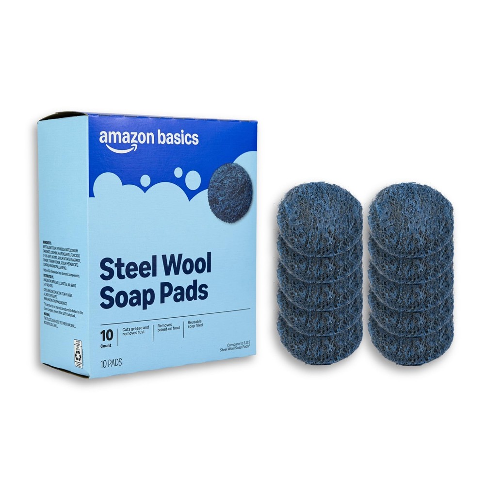 Amazon Basics Steel Wool Soap Pads, Reusable, Cuts Grease and Standard, Blue