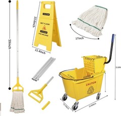 Compact 35 Quart Commercial Mop Bucket with Wringer and Wet Floor Sign – Yellow