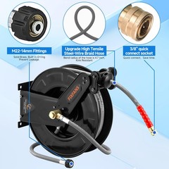 FIXFANS Pressure Washer Hose Reel with for Hot and 50 FT, Black, Grey