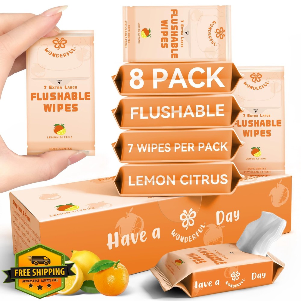WONDERFUL Travel Flushable Wipes Lemon Citrus 8 Packs 56 Wipes Septic Safe