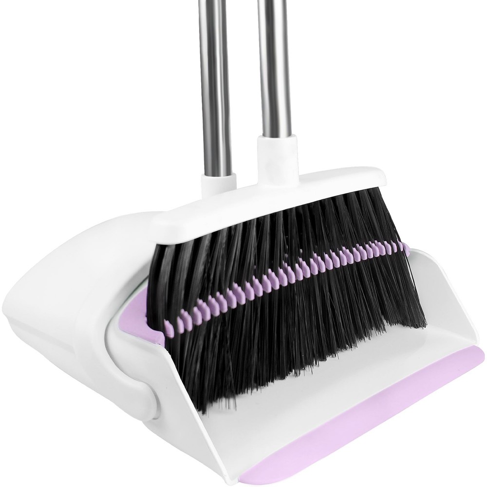 Broom with Dustpan Combo Set for Home, 52-in Long Adjustable White-purple