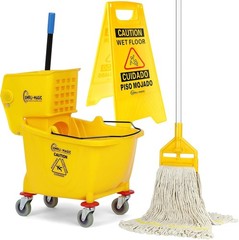 Yellow Mop Bucket Set with Side Press Wringer & Wet Floor Sign – Durable