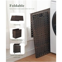 Rattan Laundry Hamper w/ Lid 2 Compartments Liners 112L Brown