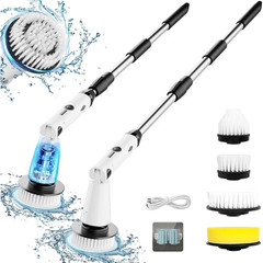 Rotary electric floor scrubber with 3 interchangeable brush heads.