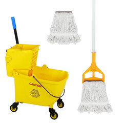35 Quart Drain Outlet Commercial Mop Bucket with Wringer Side Press on Wheels
