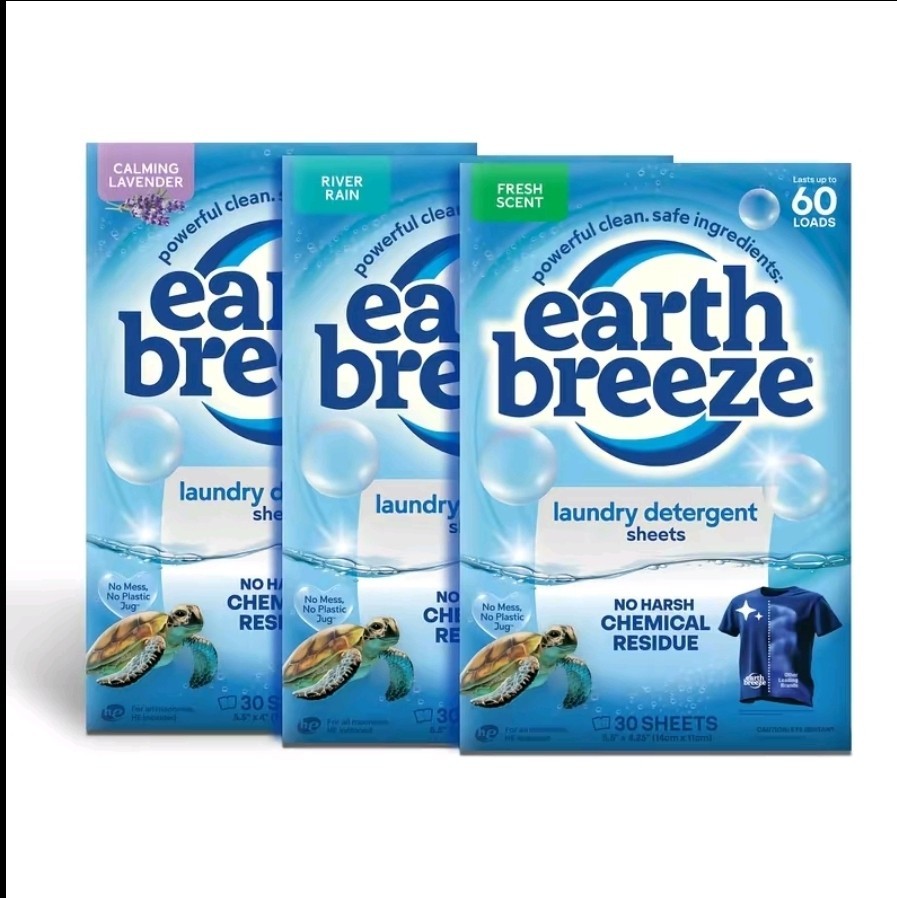 Earth Breeze Laundry Detergent Sheets Fresh, River Rain, Calming Lavender 180