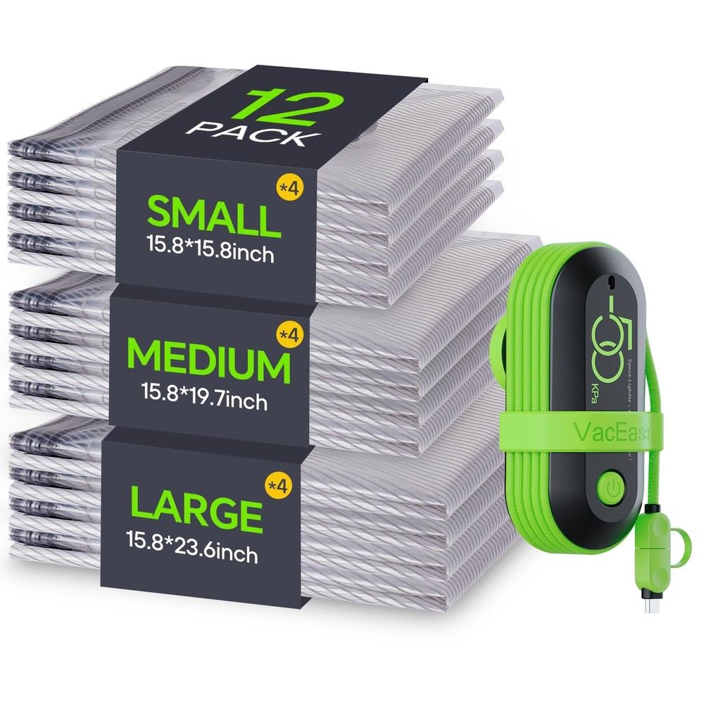 Vacbird Vacuum Bags for Travel with USB Pump, 12 Pack Carry-on Size Green